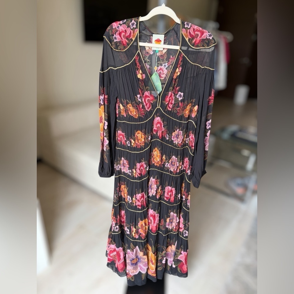 Farm Rio: Black Chenille Flowers Long Sleeve Midi Dress - Picture 6 of 10